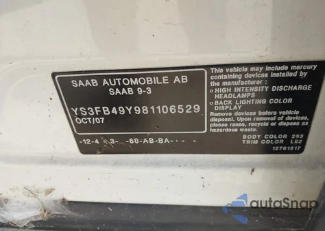 2008 Saab 9-3 2.0T from USA, damaged, VIN YS3FB49Y981106529